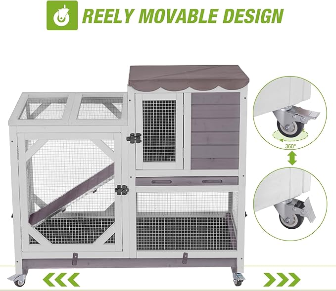 GUTINNEEN 2-Story Rabbit Hutch Indoor Bunny Cage Outdoor Guinea Pig House Wooden Small Animal Cage with Chew-Proof Ramp, Leak-Proof Tray, Lockable Wheels for 2-4 Rabbits, Guinea Pigs (Grey)
