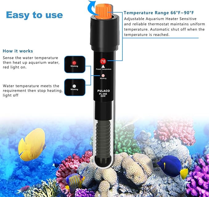 PULACO 50Watt Aquarium Heater for 5-10 Gallon Fish Tank, Adjustable Submersible Heater Thermostat with Thermometer Strip and Suction Cup