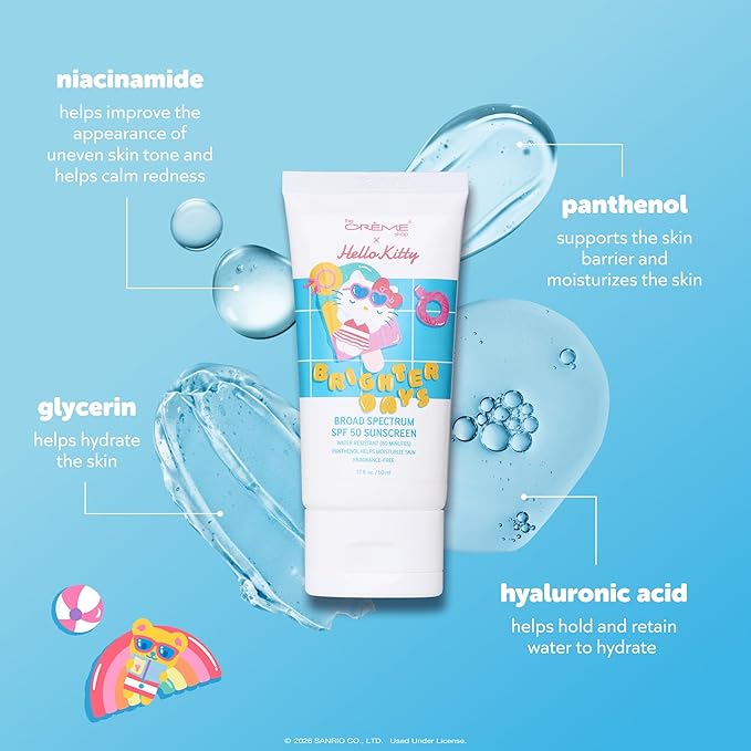 The Crème Shop x Hello Kitty Brighter Days Broad Spectrum SPF 50 Sunscreen for Face and Body- Moisturizing Formula, Water Resistant, No Fragrance, No White Cast, Korean Skin Care (1.69 fl oz)
