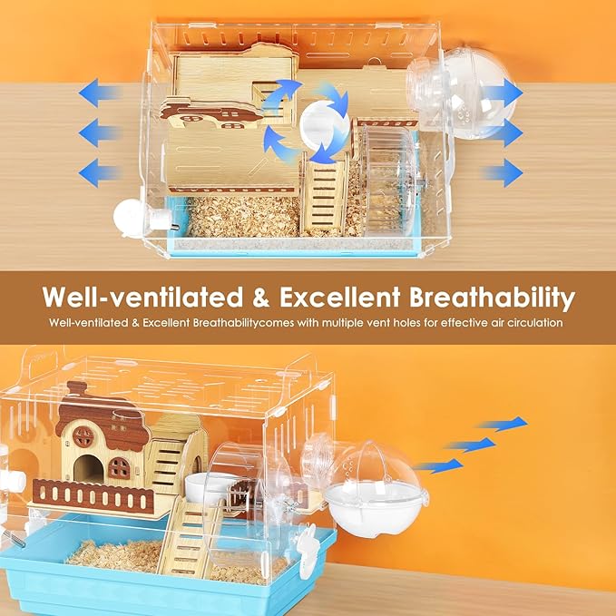Acrylic Hamster Cage Small Hamster Habitat 360 Viewing Hamster Enclosure with Running Wheel & Chewproof Hideout for Dwarf, Guinea Pig, Gerbils, Blue, 13.3" L*10.2" W*12.4" H