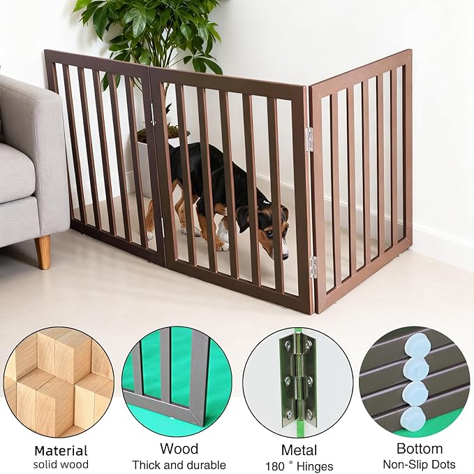 ZJSF Freestanding Indoor Dog Gate for House Foldable Wood Brown Puppy Gate for Doorways Pet Gate for Stairs Extra Wide Pet Fence 24" Height 3 Panels