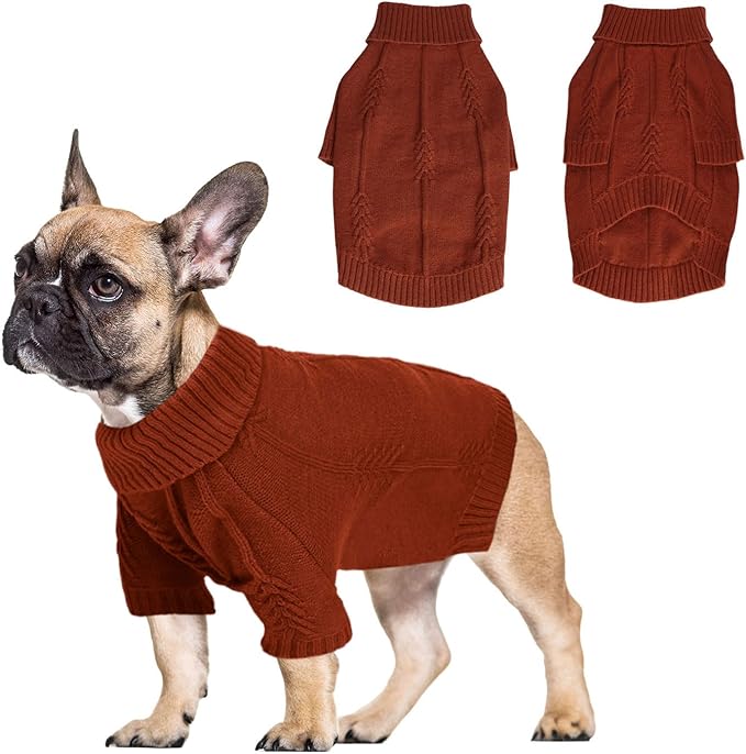 DELIFUR Long Sleeve Dog Sweater - Knitted Turtleneck Knitwear Warm Coat With Classic Cable Fall Winter Clothes for Medium Dogs (Brick Red, XX-Large)