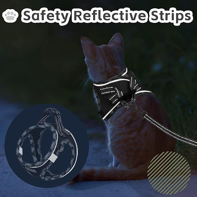 Cat Harness and Leash Set for Walking, Escape Proof Adjustable Soft Mesh Kitten Harness with Reflective Strips, Breathable No-Choke Pet Vest for Large Cats or Small Dogs(Black,L)