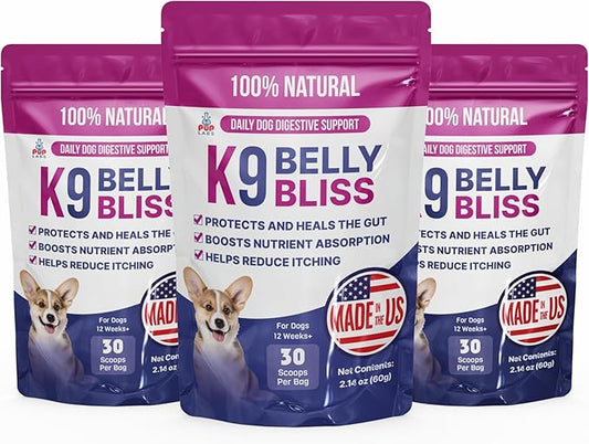 K9 Belly Bliss, All-Natural Gut Health for Dogs, Vet Approved Prebiotic for Dogs for Daily Digestive Support & Dog Constipation Relief, Topper for Dry & Wet Food, 3 Pack with 30 Scoops Each.