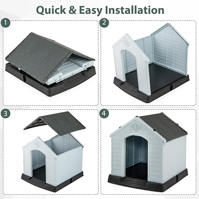 Giantex Dog House for Medium Dogs, Waterproof Plastic Dog Houses with Air Vents and Elevated Floor, Easy to Assemble, Outdoor Cat House Feeding Station Indoor Patio Backyard Dog Kennel House, Gray