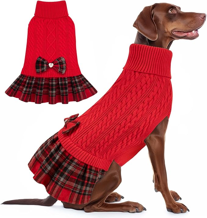 KYEESE Dog Sweater Warm Dog Sweater Pullover Dogs Sweaters for Medium Dogs Girl Stretchy Dogs Clothes Soft Turtleneck Pet Sweater Dress Comfy Pet Coats with Bowtie, Red, XX-Large