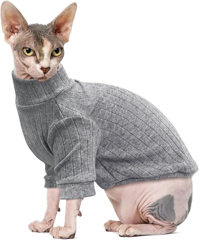 Idepet Sphynx Hairless Cats Sweater Shirt Kitten Soft Puppy Clothes Pullover Cute Cat Pajamas Jumpsuit Cotton Apparel Pet Winter Turtleneck for Cats and Teacup Chihuahua Small Dogs(Gray,S)