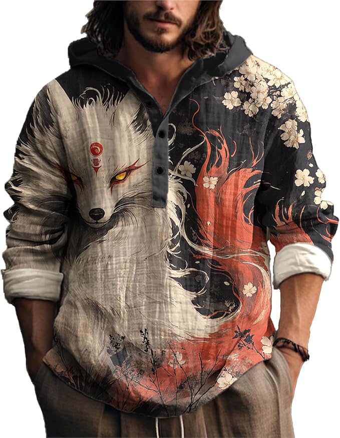 MARSVOVO Japanese Art Animal Hooded Shirt for Men Long Sleeve Quarter Button Lightweight Hoodie Cool Streetwear Tops