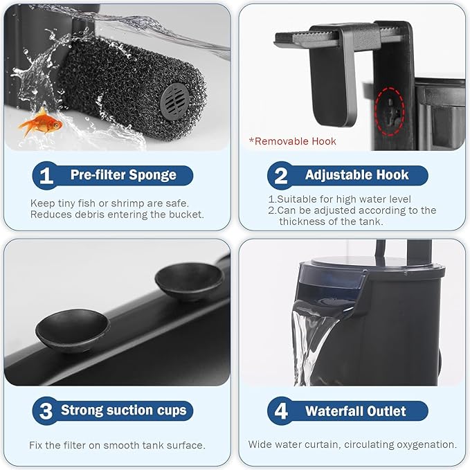 Turtle Tank Filter Aquarium Internal Filter for 3 to 20 Gallon Fish Tank, Bio-filtration Low Water Level Small Power Canister Filter, Frog Shrimp Newt Betta Water Clean, Hang On Back Waterfall Quiet