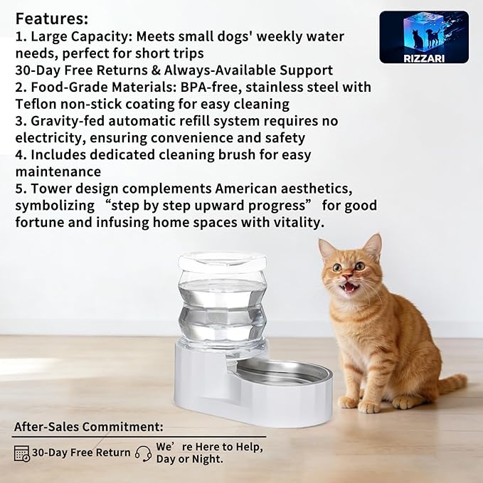 RIZZARI Gravity Water Bowl Dispenser: 4L Automatic Stainless Steel Water Feeder Without Filter - White Pet Waterer for Senior Dogs with Spine Problems - in Bedroom Garden