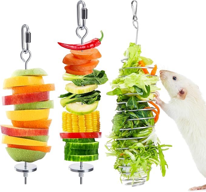 3Pcs Rat Enrichment Toys, 304 Stainless Steel Rat Foraging Toy for Fruit Vegetable Holder, Fancy Mice Cage Accessories Puzzle Toy, Hanging Rodent Toys Slow Feeder, Bird Foraging for Parakeet