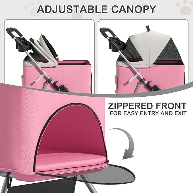 MoNiBloom 3 in 1 Foldable Pet Stroller for Small & Medium Dogs, Detachable Carrier, Car Seat, Push Button Entry, 4-Wheel Jogger for Pets up to 33 lbs, Pink