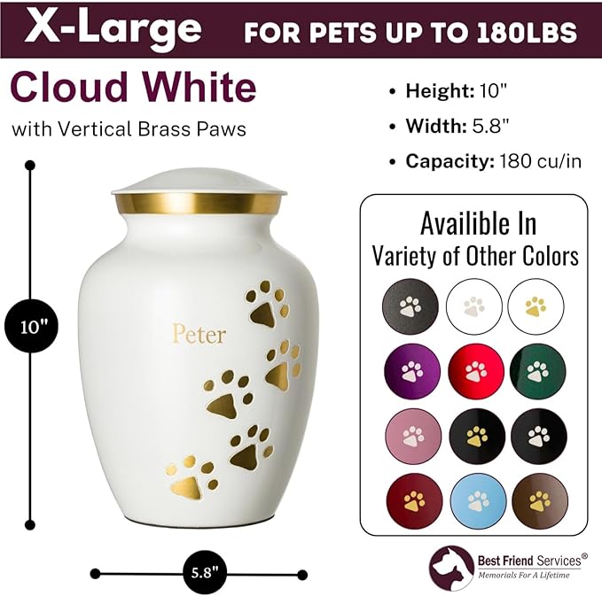 Pet Urn for Dogs and Cats with Personalized Laser Engraving, Ottillie Paws Premier Series Memorial Urns (X-Large Cloud White with Vertical Brass Paws)