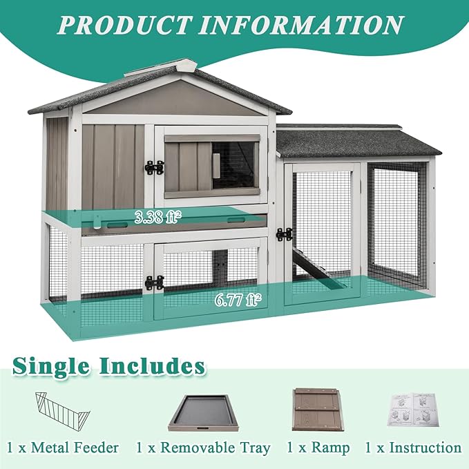 Rabbit Hutch Indoor Bunny Cage Outdoor Bunny Hutch with Pull Out Tray, Wooden Large Rabbit Cage with Run Weatherproof Roof, Guinea Pig Hutch (Grey, 110.2" L x 17.7" W x 33.4" H)