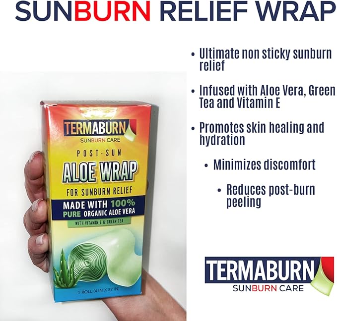 TermaBurn Aloe Wrap for Sunburn Relief – Hydro-Gel Aftersun Treatment with 100% pure aloe vera Gel | Second Skin aloevera gel for burns and peeling irritation | Great for Tattoo Aftercare and Sun Care