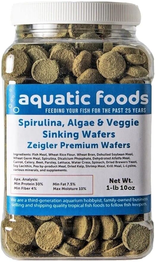 Aquatic Foods Inc. 18mm - 3/4" Wafers of Spirulina, Algae, Veggies, Sinking Wafers for Bottom Fish, Shrimp, Snails, Crabs, Crayfish, All Tropical Fish, Zeigler Wafer…1-lb & 10oz Med Jar