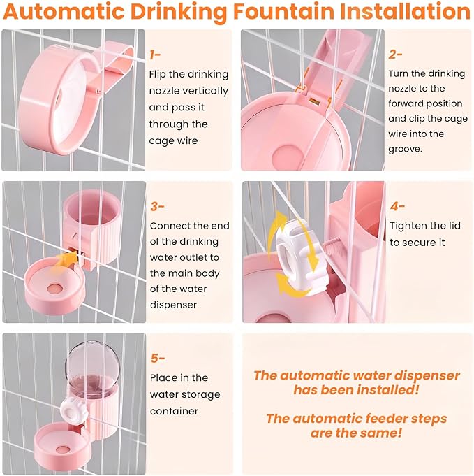 38oz Hanging Automatic Food Water Dispenser, Large Capacity Gravity Rabbit Water Dispenser and Feeder Set, for Bunny Guinea Pig Chinchilla Ferret Cage Accessories (Pink)