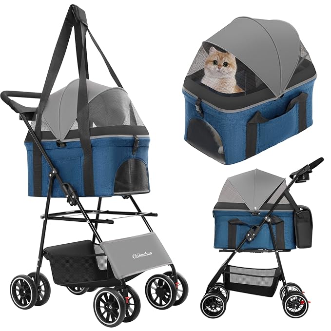 2-in-1 Foldable Pet Stroller with Canopy, 4 Wheels Pet Strolling Cart for Small/Medium Dogs and Cats with Removable Carrier,Breathable Mesh,Mom Tote Bag,Cup Holders,Easy Assembly,Grey+ Green
