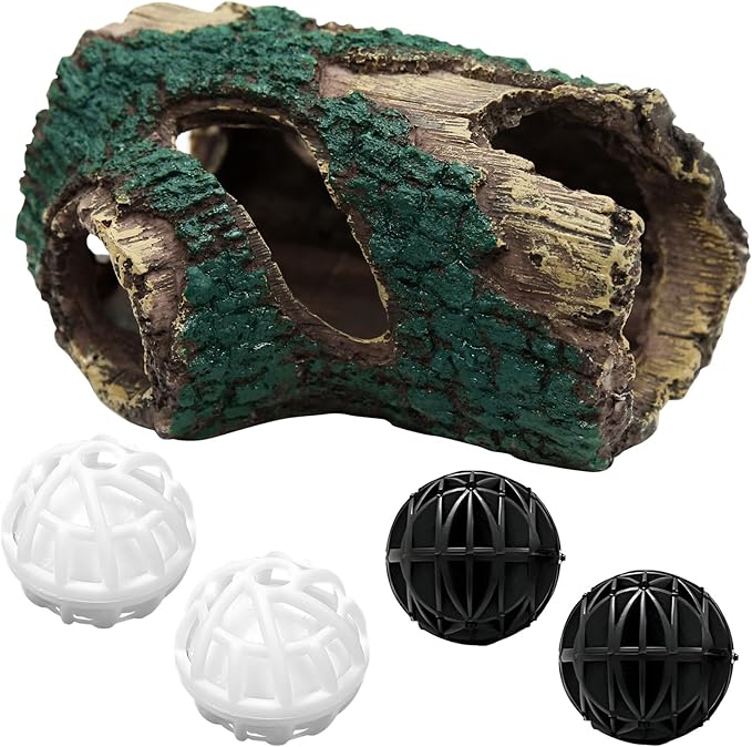 1Pcs Tree Root Landscaping, 4Pcs Fish Tank Filter Balls White & Black Driftwood for Aquarium Fish Tank Cave Aquarium Hideout, Decorative Accessories Suitable for Aquatic Animals
