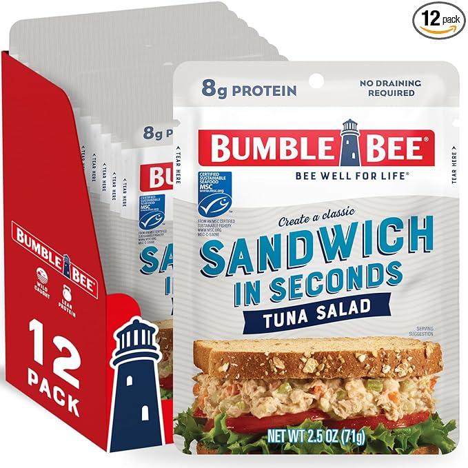 Bumble Bee Sandwich in Seconds Tuna Salad, 2.5 oz Pouches (Pack of 12) - Ready to Eat - Wild Caught Tuna Packet - 8g Protein per Serving - Gluten Free