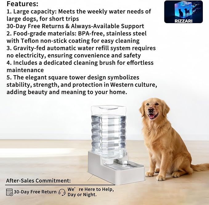 RIZZARI Stainless Steel Pet Water Feeder: 9.5L Beige Automatic Leak-Proof Gravity Dispenser - Without Filter - for 40-80 LB Senior Dogs with Arthritis - Garage Kitchen Use