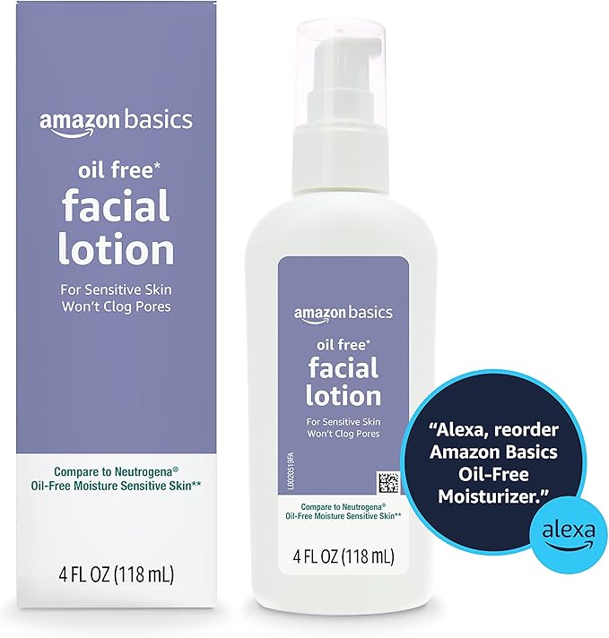 Amazon Basics Oil-free Facial Moisturizer for Sensitive Skin, Fragrance Free, Non-Comedogenic, 4 Fluid Ounce (Previously Solimo)