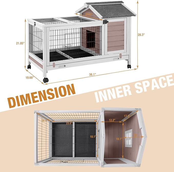 GUTINNEEN Large Mobile Rabbit Hutch Indoor Outdoor with Wheels, Deep Leak-Proof Pull-Out Tray & Wire Mesh, Waterproof Asphalt Roof Small Animal Cage with Openable Roof for Rabbits & Guinea Pigs