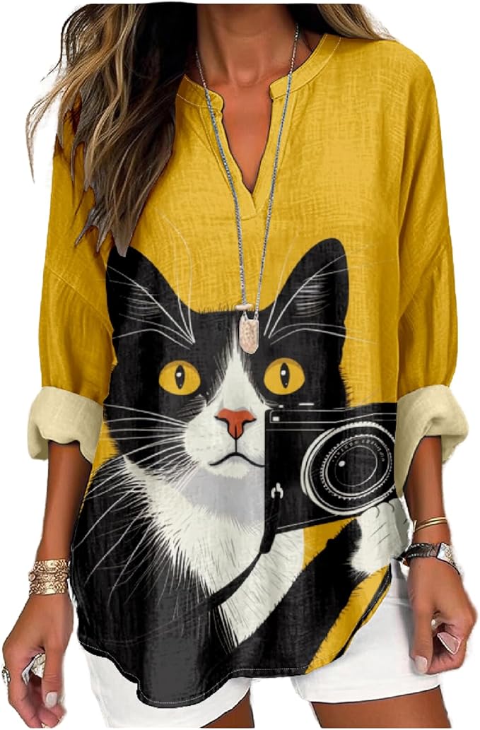 MARSVOVO Cat Shirts for Women Long Sleeve Cute Cat Pullover Graphic Novelty V Neck Blouse Oversized Funny Tunic Tops