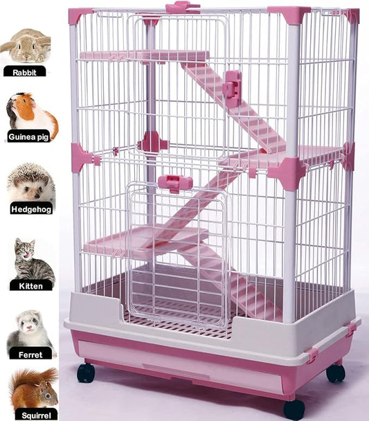 Pink Large Multi-Floor Deluxe in/Outdoor Guinea Pig Chinchilla Ferret Squirrel Hedgehog Kitten Rabbit Bunny Hutch House Critter Habitat Easy Removale Washable Tray Paw Safe Platform Ladder Floor