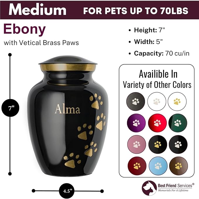 Pet Urn for Dogs and Cats with Personalized Laser Engraving, Ottillie Paws Premier Series Memorial Urns (Medium Ebony with Vertical Brass Paws)