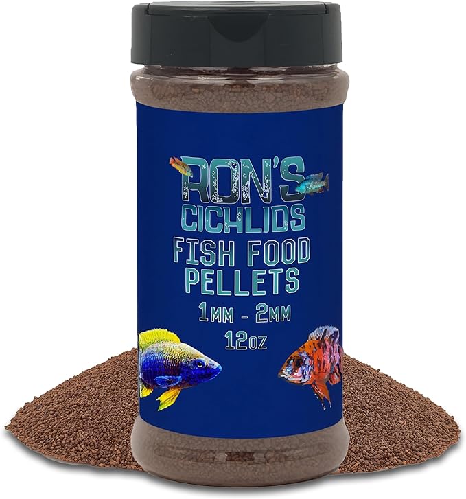 RON'S CICHLIDS Juvie Blend African Cichlid Fish Food, Premium Tropical Fish Food Pellets with Protein, Veggies & Fruits for Healthier, Brighter & Bigger Tropical Fish & Cleaner Tanks, 12 OZ