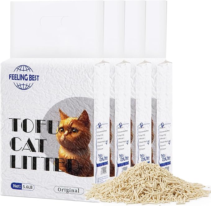 Tofu Cat Litter 22.4LB(5.6LB*4 Bags) Fast Clumping, Dust-Free,100% Natural Raw MaterNials, Clumping,Flushable,Ultra Absorbent and Fast Drying,Solubility in Water,Really,Less Scattering