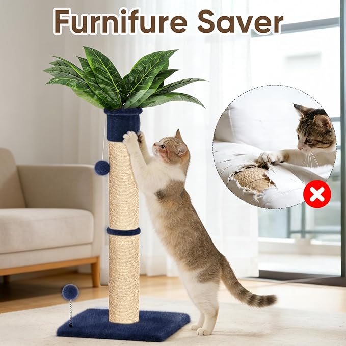 XiaZ Cat Scratching Post 34 Inches Tall, Cat Tower Scratcher Extra Wide 15.8" Stable Base with 2 Interactive Balls, Premium Natural Sisal & Plush Fabric for Small, Medium Large Cats (Navy Blue, 4.5in)