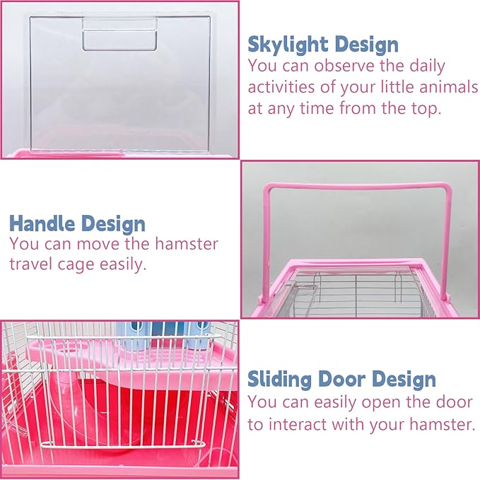 Tfwadmx Hamster Carrier, Dwarf Hamster Travel Cage, Portable Cages with Water Bottle, Gerbil Travel Carry Case Outdoor Vacation House for Small Mice(Pink,10.6”x8”x11.4”)