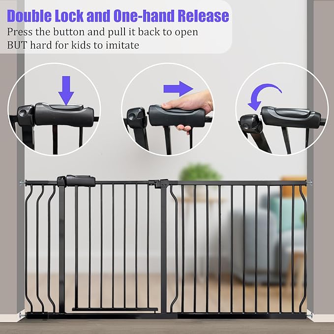 Wide Baby Gate 67-71.5 Inch Heavy Duty Steel Safety for Stairs, Pressure-Mounted Indoor Dog, No Drilling, Modern Home Design, Black