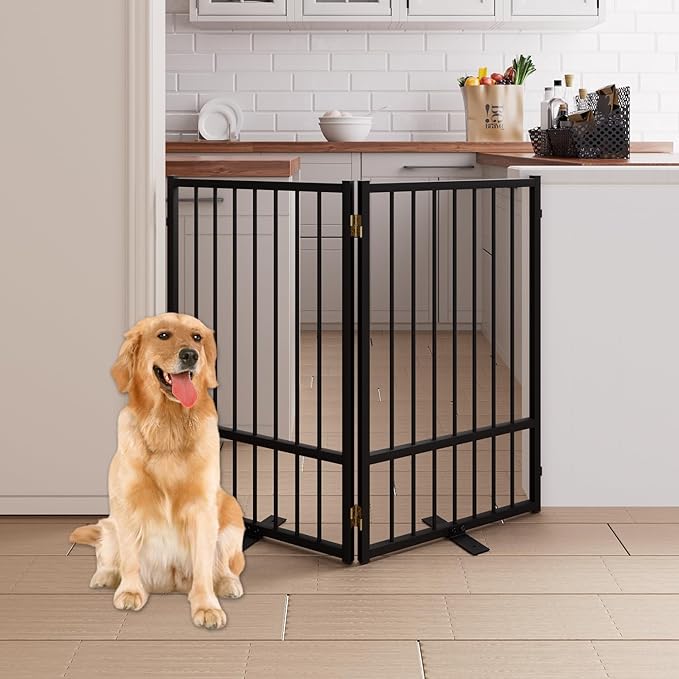2 Panels Full Metal Freestanding Dog Gates, 40” W x 32” H Folding Pet Gate Fence with Support Feet for Indoor,Stairs, Hallways and Doorways(Black)