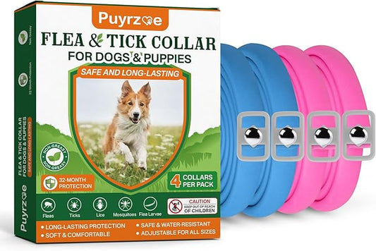 Flea and Tick Prevention for Dogs Collar 4 Pack, Natural Flea Collar for Dogs 32-Month Full Protection, Adjustable Dog Tick Prevention for Puppy & Dog, Waterproof, 2 Pink & 2 Blue
