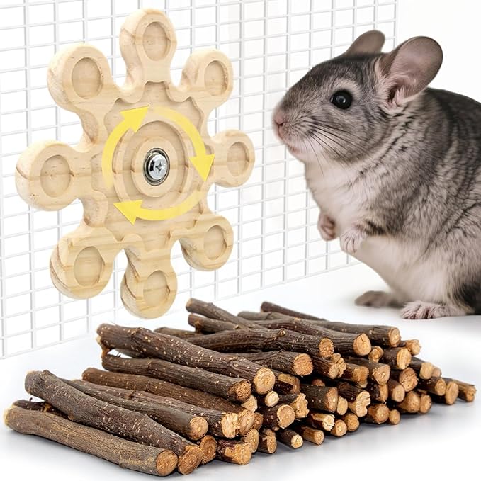 Rotating Chinchilla Chew Toys for Teeth and 250g(0.55lb) Organic Apple Sticks, Natural Wooden Chinchilla Cage Accessories Enrichement for Playtime Puzzle, Chinchillas Treats Molar Wood
