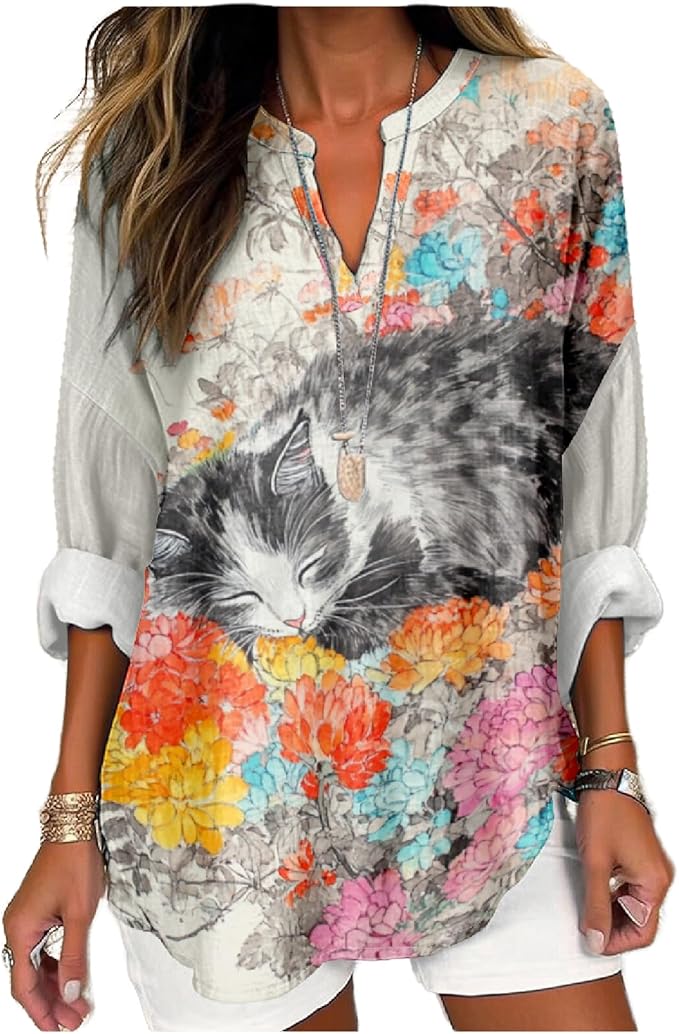 MARSVOVO Cat Shirts for Women Long Sleeve Cute Cat Pullover Graphic Novelty V Neck Blouse Oversized Funny Tunic Tops