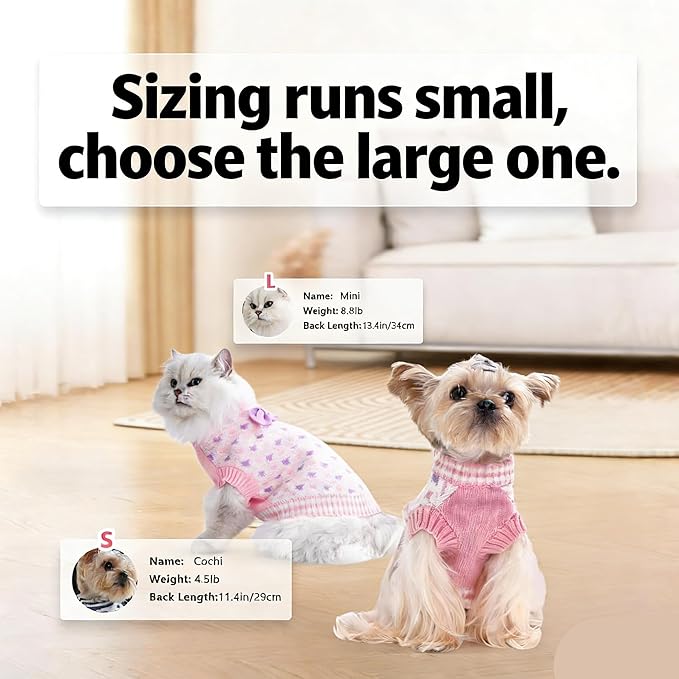 Samll Dog Sweaters Girl Pet V-Neck Christmas Halloween Dog Sweater Knit for Pomeranian Bichon Frise Pug Cold Weather Outfit Pet Formal Dress Cat Sweater (Pink，L)