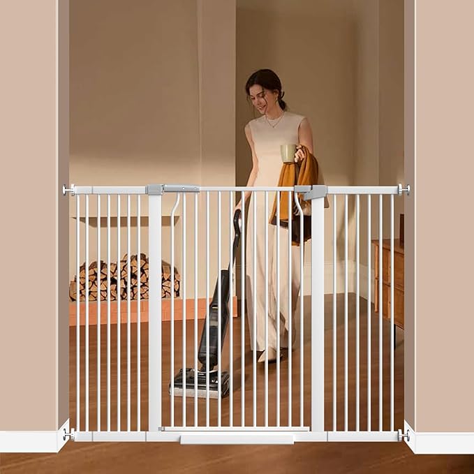 41" Extra Tall Dog Gate for Doorways and Stairs No Drill, Adjustable 40.6-54.7'' Auto Close Pet Gate Indoor, Pressure Mounted Walk Through Swing Wide Baby Gate, Tall Cat Gate with Expansion Kit, White