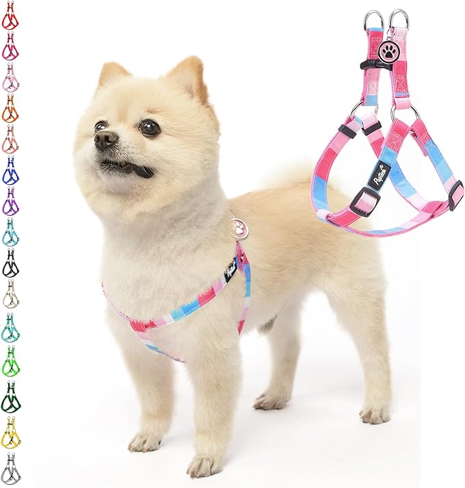 PUPTECK No Pull Dog Harness Soft Adjustable Basic Nylon Step in Puppy Vest Outdoor Walking with ID Tag, Striped Pink, S