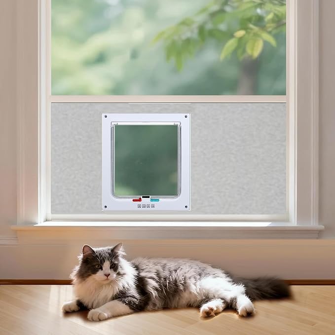 Cat Door for Window, Safety Cat Window with 4 Locking Modes, Fits 14"-32" Window, Pet Friendly Window Cat Door Insert, Ease of Installation, Magnetic Closure, Weatherproof Design, Frosted Plexiglass