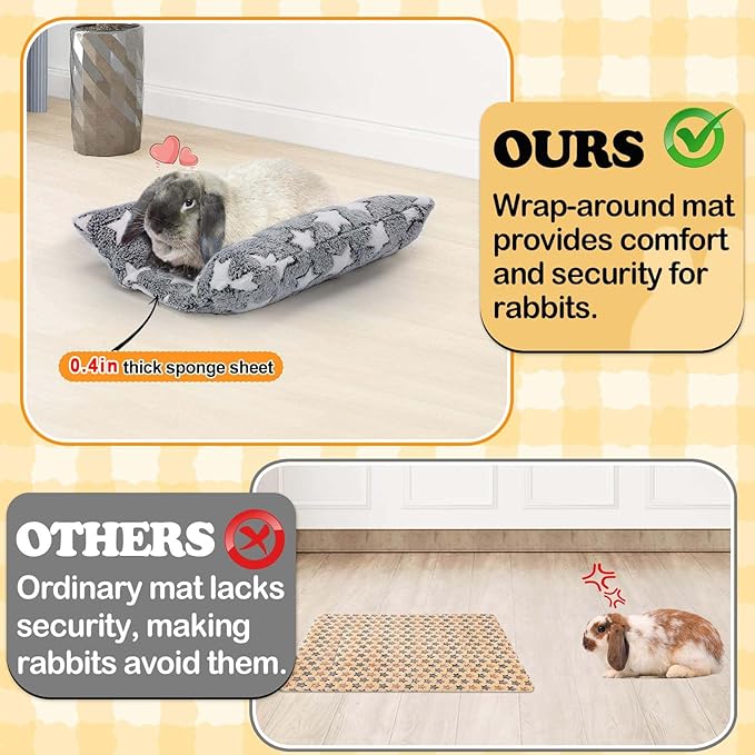 MEWTOGO 15.7" x 14" Bunny Bed for Rabbit Cage - Thickened Soft Prevent Sore Hocks Plush Mat with Cotton Lounger Pillows, Small Animal Flop Mat for Hutch Sleeping Indoor, Gray-Star