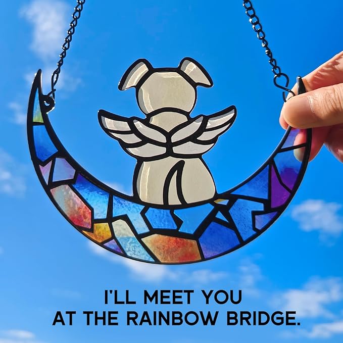 Stained Glass Angle Dog Memorial Suncatcher for Loss of Dog Sympathy Gifts, Dog Memorial Gifts with Sympathy Card, Dog Remembrance Gifts for Pet Lovers, Dog on Moon Ornaments for Window Hanging