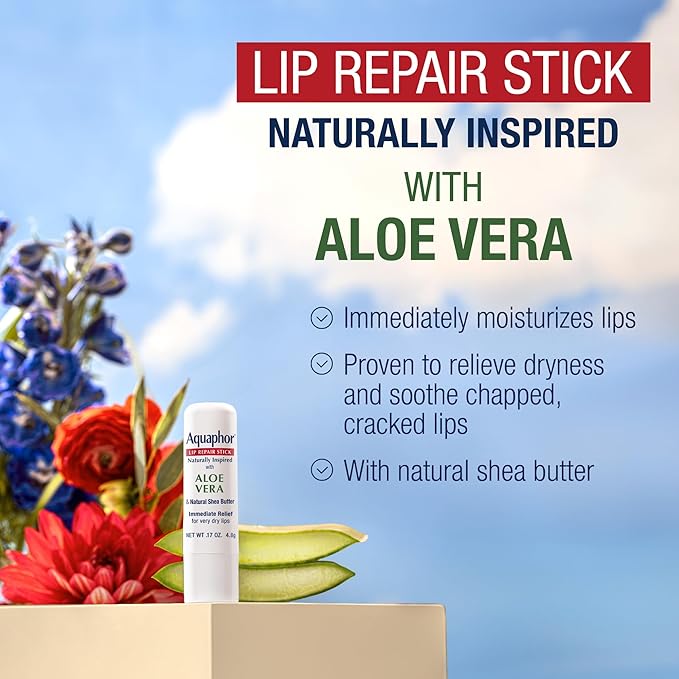 Aquaphor Naturally Inspired Lip Repair Stick with Aloe Vera and Natural Shea Butter, Hydrating Lip Balm Immediately Relieves Dryness, 0.17 Oz Stick