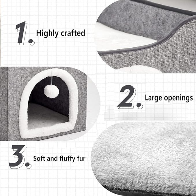 Foldable cat Bed, Cat Beds for Indoor Cats, Large Cat Cave for Pet Cat House with Fluffy Ball Hanging and Scratch Pad, Providing Entertainment for Cats (Grey, Single)