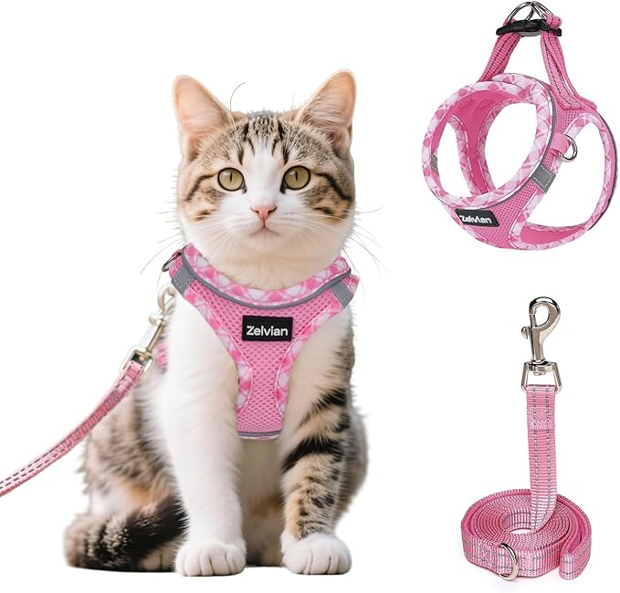 Cat Harness and Leash Set for Walking, Escape Proof Adjustable Soft Mesh Kitten Harness with Reflective Strips, Breathable No-Choke Pet Vest for Small Cats or Puppies(Pink,XXS)