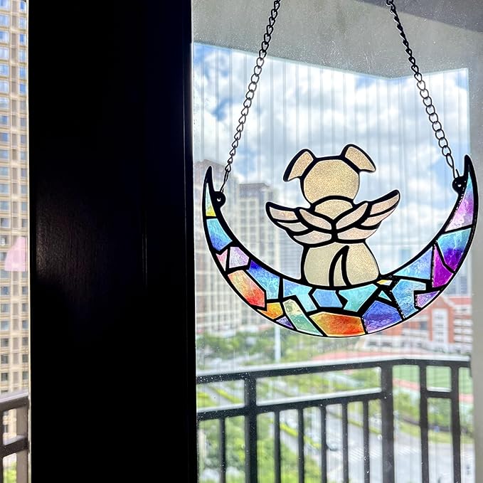 Stained Glass Angle Dog Memorial Suncatcher for Loss of Dog Sympathy Gifts, Dog Memorial Gifts with Sympathy Card, Dog Remembrance Gifts for Pet Lovers, Dog on Moon Ornaments for Window Hanging