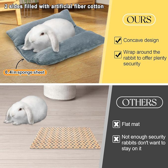 MEWTOGO 14" x 13" Bunny Bed for Rabbit Cage - Thickened Soft Prevent Sore Hocks Plush Mat with Cotton Lounger Pillows, Small Animal Flop Mat for Hutch Sleeping Indoor, Gray